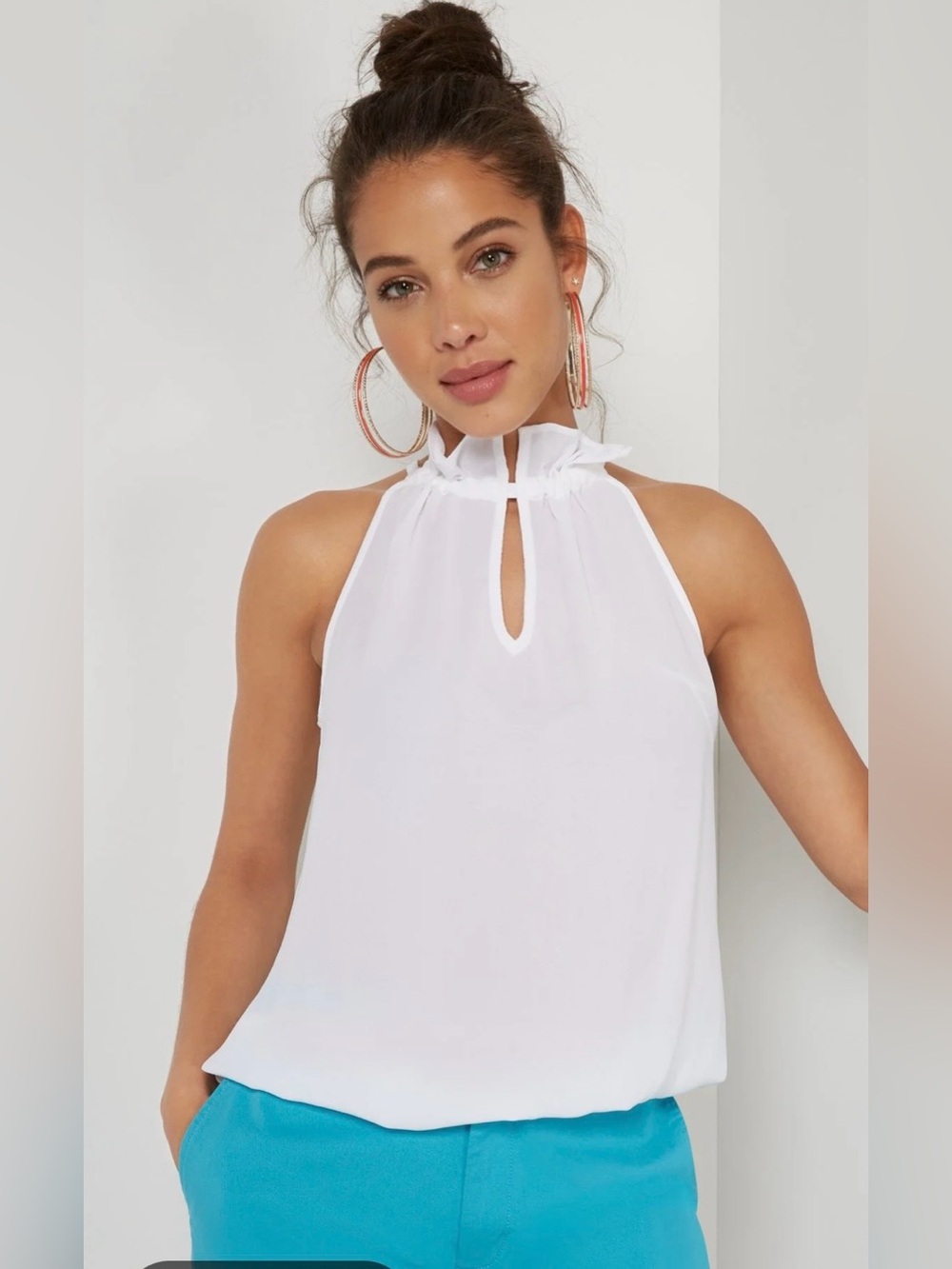 New York & Company White Ruffled Halter Keyhole Camisole